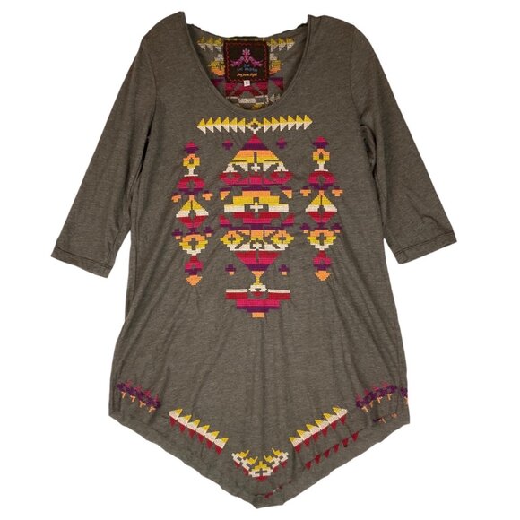 Johnny Was Tops - Johnny Was Embroidered Tunic or Dress Small Brown Knit 3/4 Sleeves Aztec Design